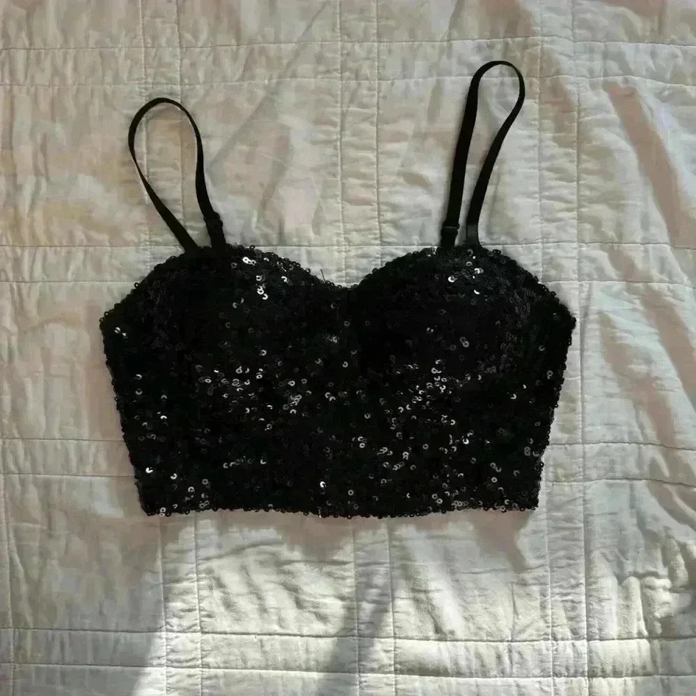 Wet seal black sequin corset top women’s‎ size medium gothic crop dainty